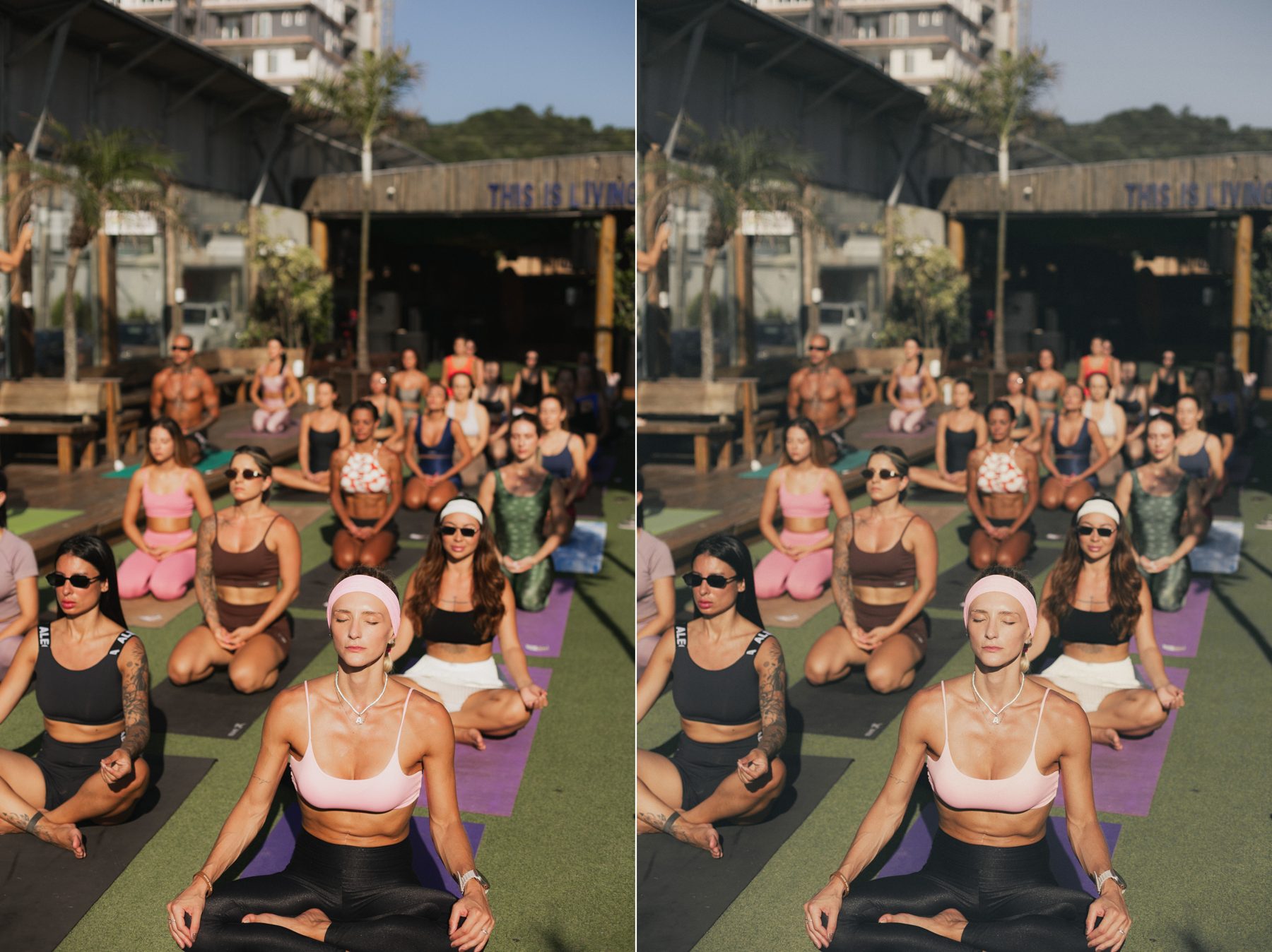Comparação antes e depois do preset AWA: aula em grupo ao ar livre